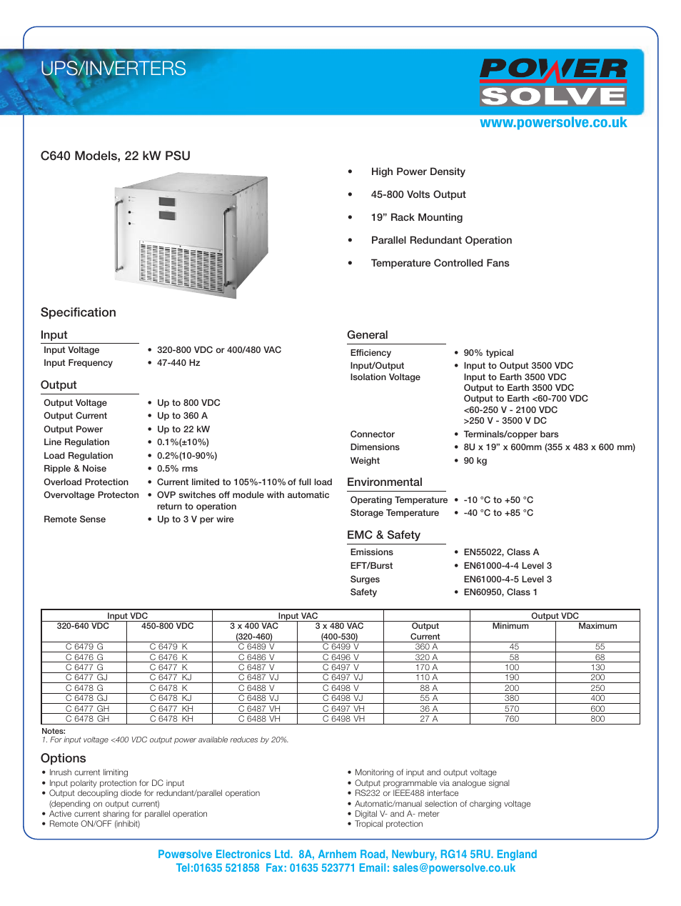 Ups/inverters, Specification, Options | Powersolve C(AC) Series User Manual | Page 7 / 8