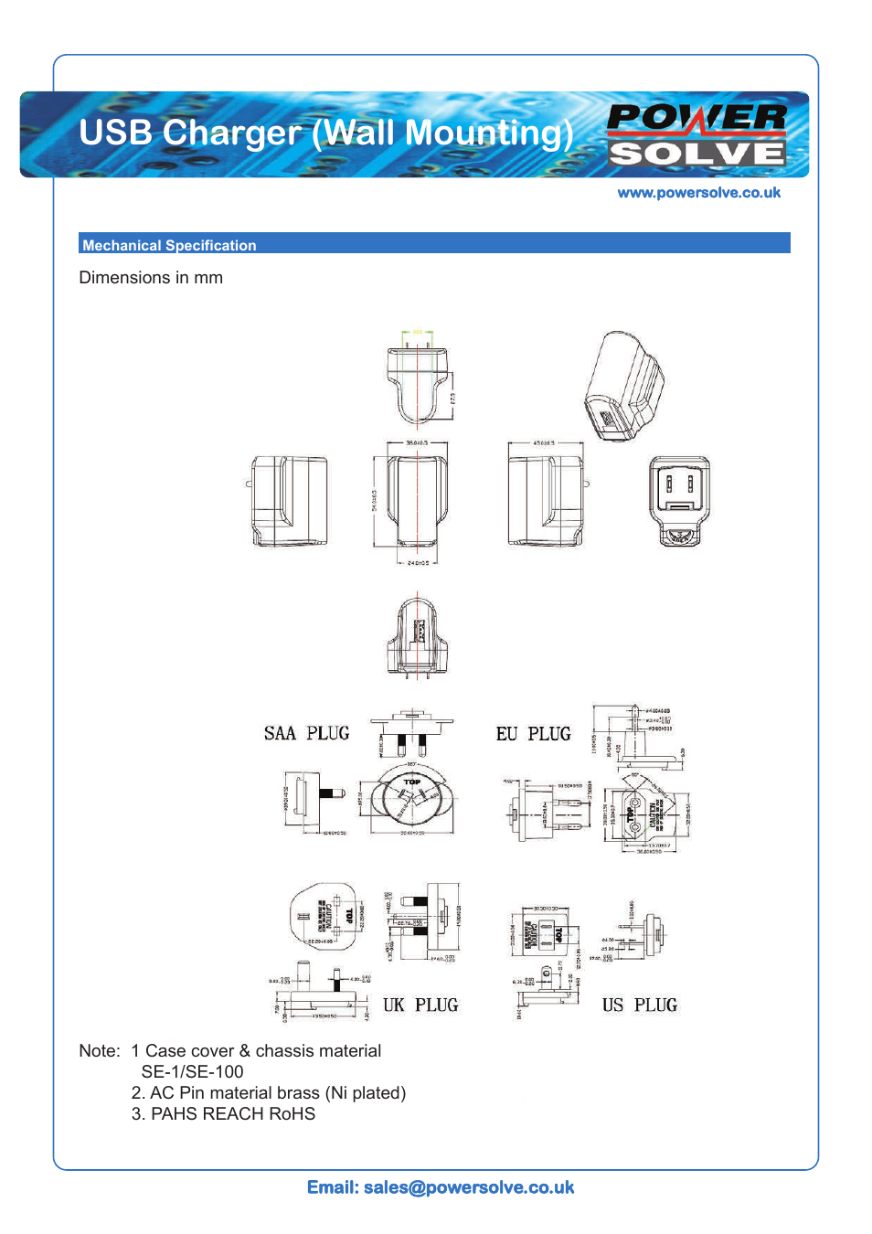 Usb charger (wall mounting) | Powersolve PKS06-USB 5 Volt 1 Amp User Manual | Page 2 / 2