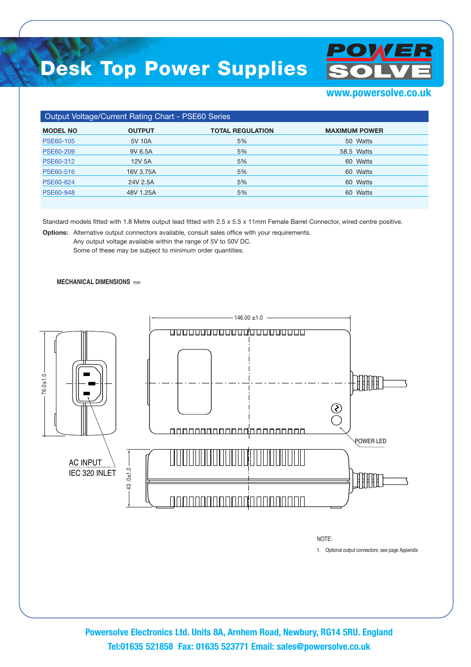 Desk top power supplies | Powersolve PSE60 Series User Manual | Page 2 / 2