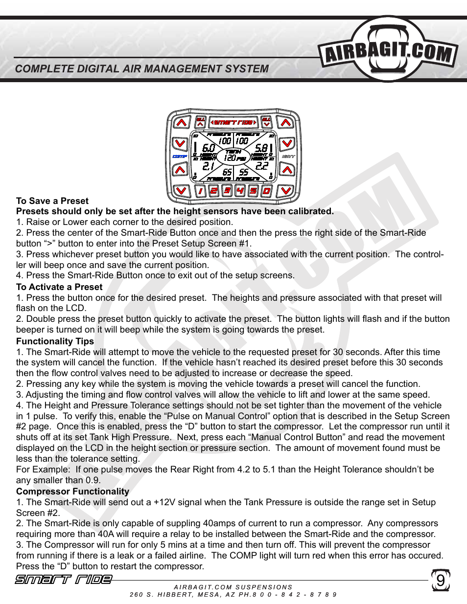 Smart ride, Prese ts se tup and tips prese ts setup and tips | Airbagit Smart Ride User Manual | Page 10 / 12