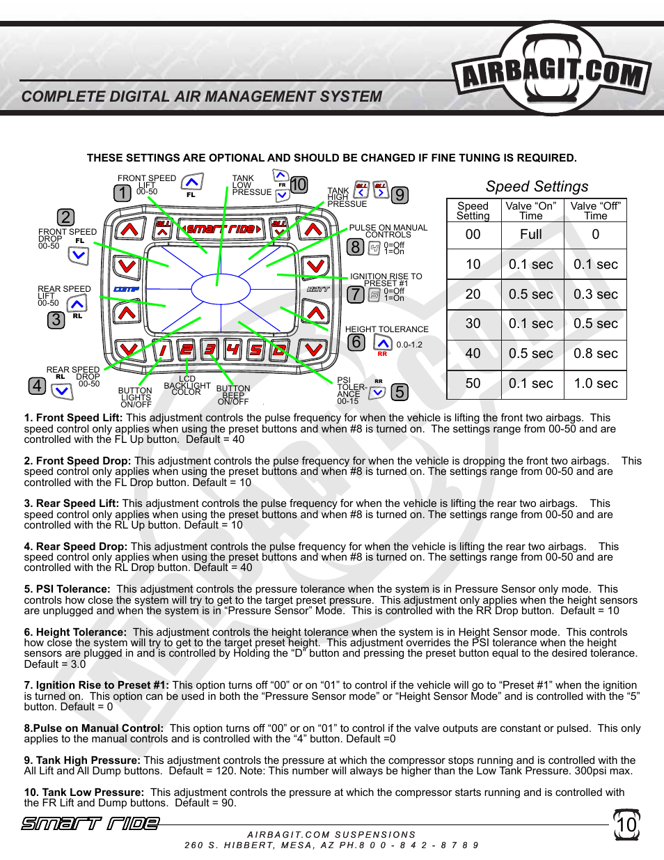 Smart ride, Se tup screen #2, Complete digital air management system | Speed settings | Airbagit Smart Ride User Manual | Page 11 / 12