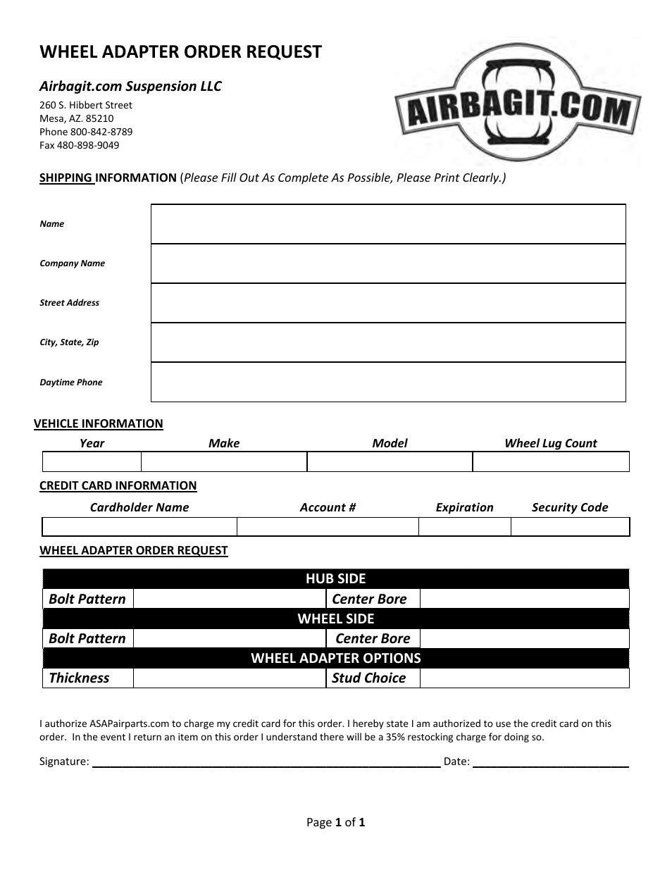 Wheeladapterform.pdf, Wheel adapter order request | Airbagit Wheel Adapter and Spacer User Manual | Page 2 / 3
