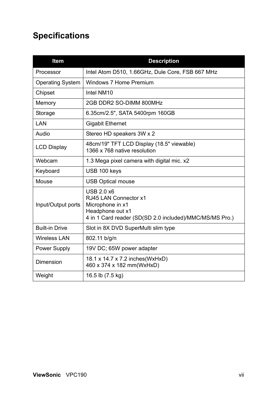 Specifications | VIEWSONIC VPC190 User Manual | Page 10 / 49