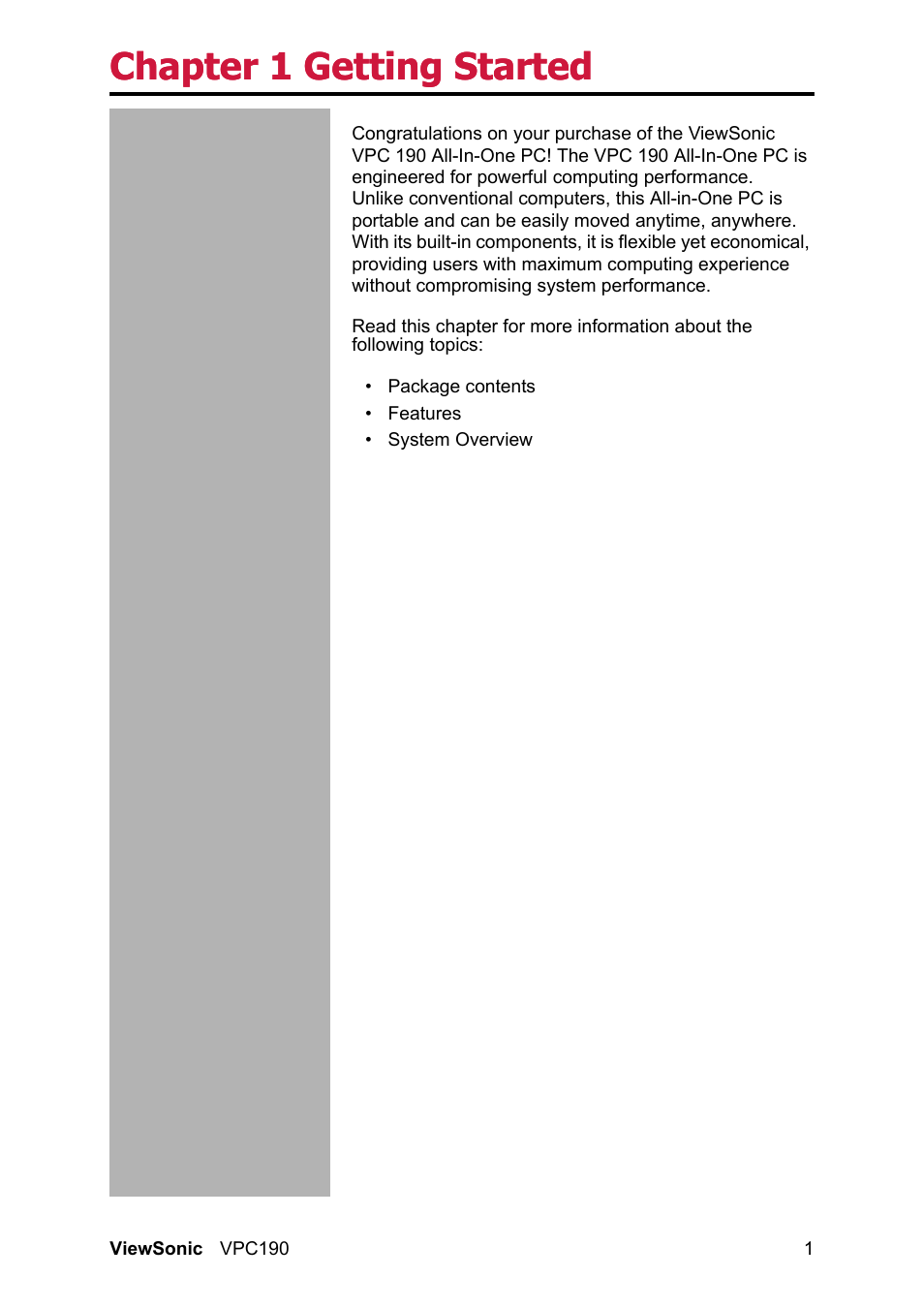 Chapter 1 getting started | VIEWSONIC VPC190 User Manual | Page 11 / 49