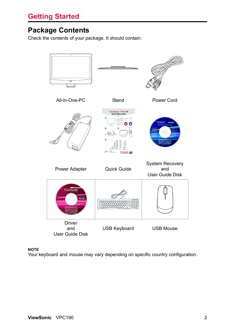 Package contents, Getting started | VIEWSONIC VPC190 User Manual | Page 12 / 49