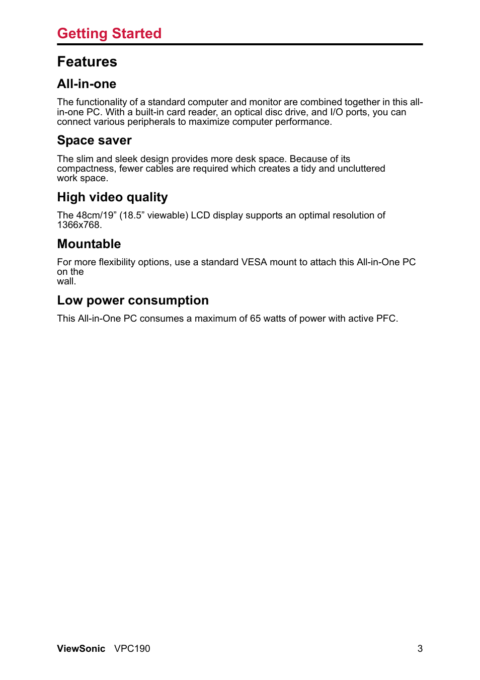 Features, Getting started, All-in-one | Space saver, High video quality, Mountable, Low power consumption | VIEWSONIC VPC190 User Manual | Page 13 / 49