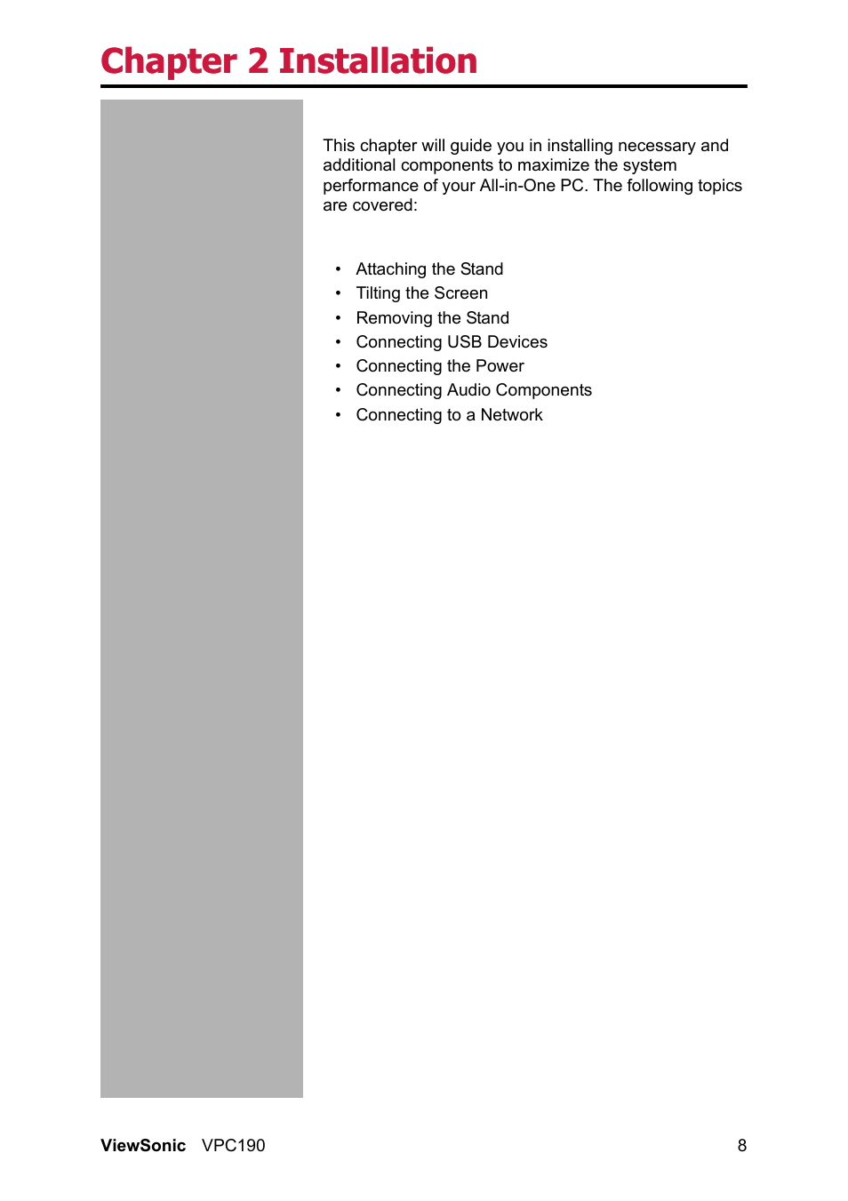 Chapt, Chapter 2 installation | VIEWSONIC VPC190 User Manual | Page 17 / 49