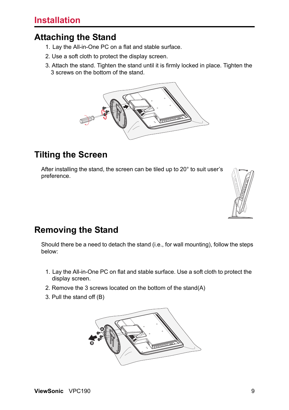 Installation, Attaching the stand, Tilting the screen | Removing the stand | VIEWSONIC VPC190 User Manual | Page 18 / 49