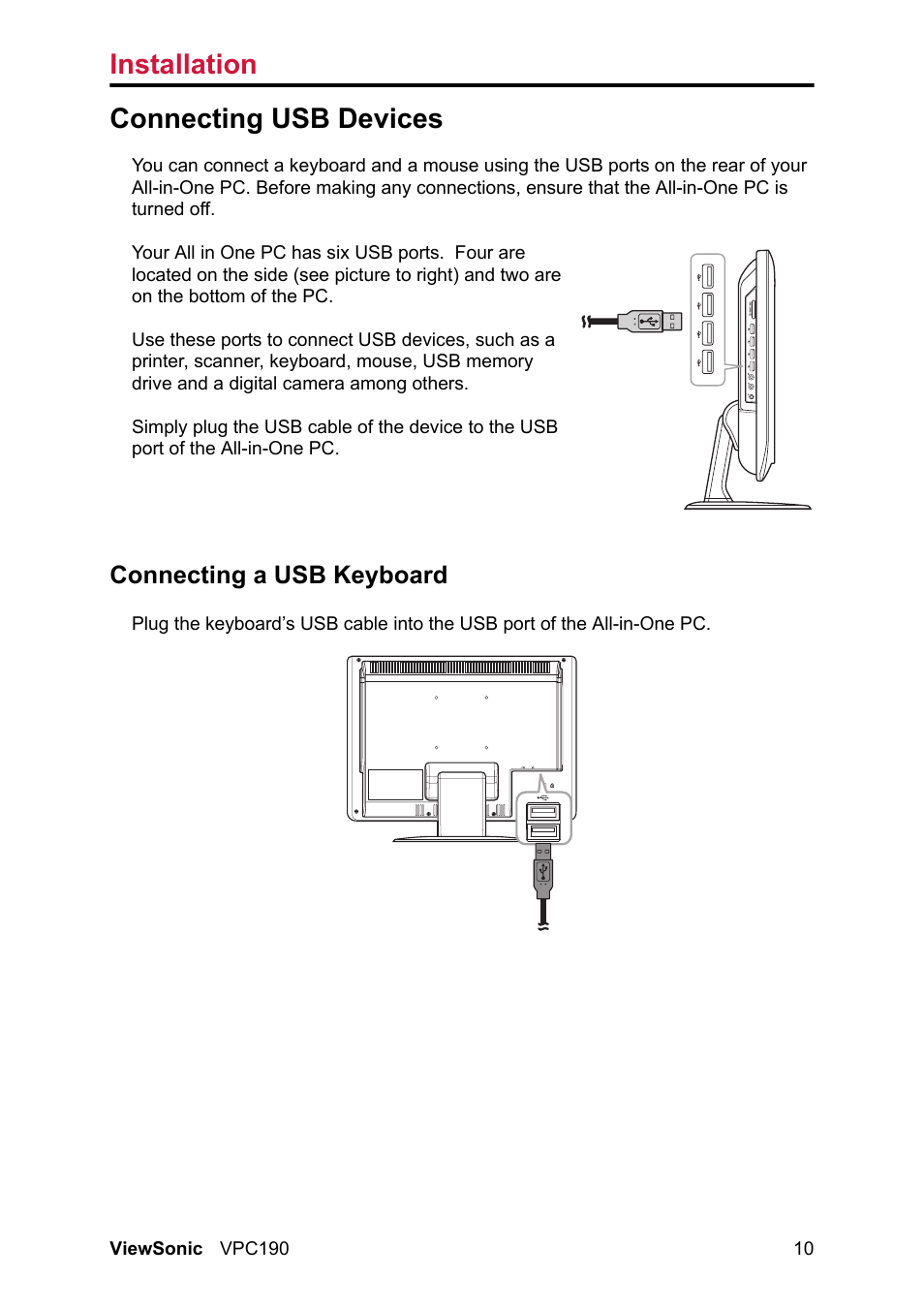 Connecting usb devices, Connecting a usb keyboard, Installation | VIEWSONIC VPC190 User Manual | Page 19 / 49