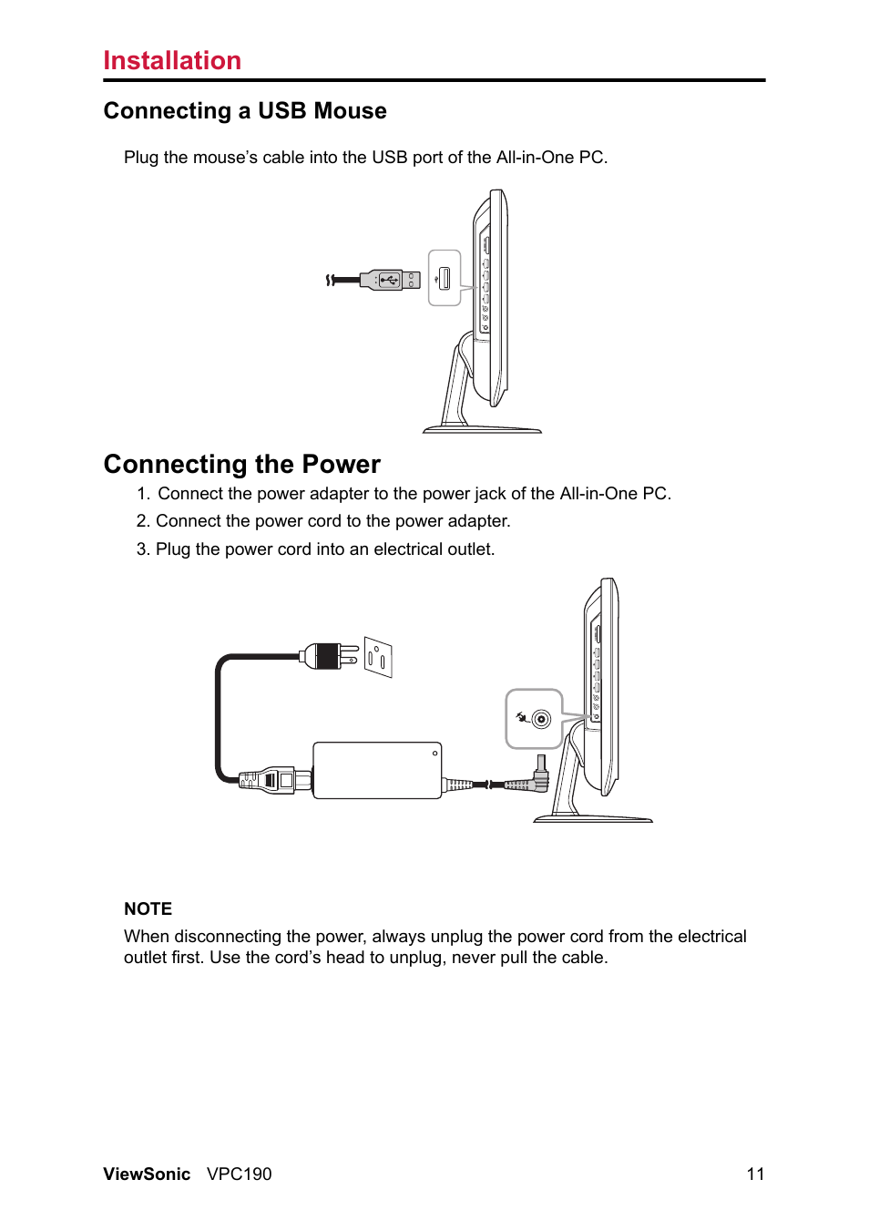 Connecting a usb mouse, Connecting the power, Installation | VIEWSONIC VPC190 User Manual | Page 20 / 49