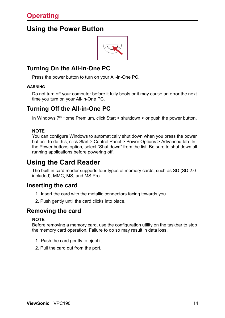 Using the power button, Using the card reader, Inserting the card removing the card | Operating, Turning on the all-in-one pc, Turning off the all-in-one pc, Inserting the card, Removing the card | VIEWSONIC VPC190 User Manual | Page 23 / 49