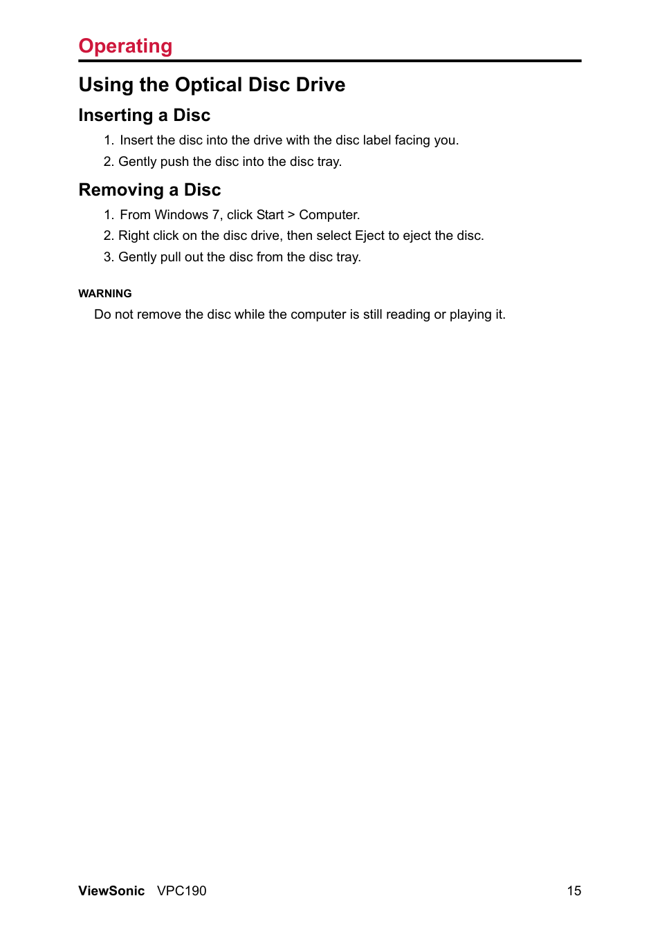 Using the optical disc drive, Inserting a disc removing a disc, Operating | VIEWSONIC VPC190 User Manual | Page 24 / 49