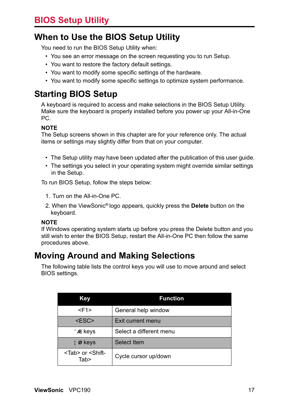 Moving around and making selections, Bios setup utility, When to use the bios setup utility | Starting bios setup | VIEWSONIC VPC190 User Manual | Page 26 / 49