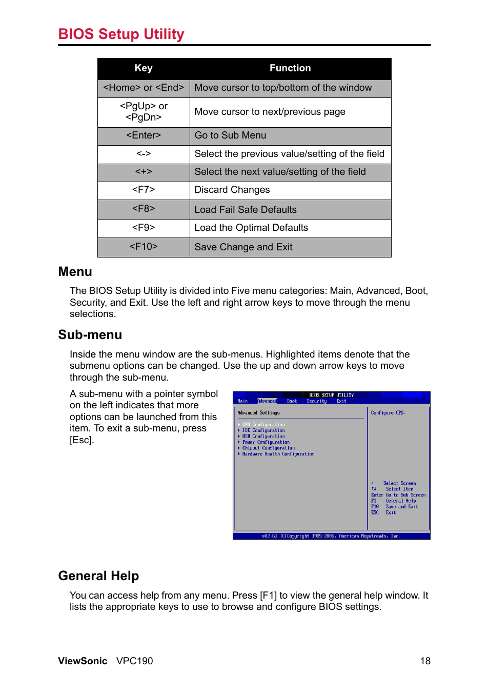 Menu sub-menu general help, Bios setup utility, Menu | Sub-menu, General help | VIEWSONIC VPC190 User Manual | Page 27 / 49