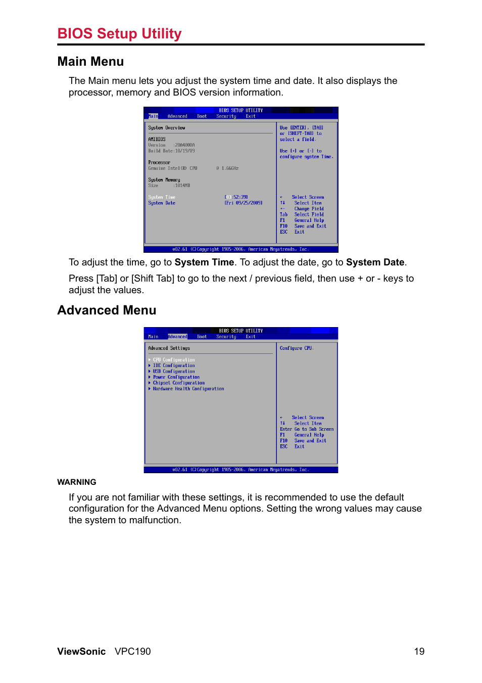 Main menu advanced menu, Bios setup utility, Main menu | Advanced menu | VIEWSONIC VPC190 User Manual | Page 28 / 49