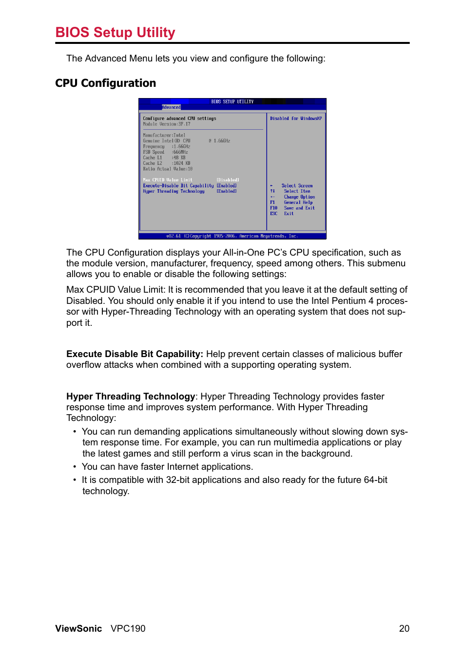Bios setup utility | VIEWSONIC VPC190 User Manual | Page 29 / 49