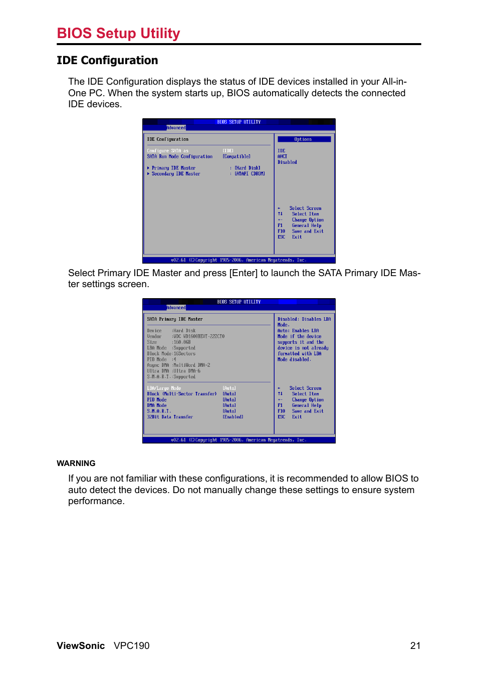 Bios setup utility | VIEWSONIC VPC190 User Manual | Page 30 / 49