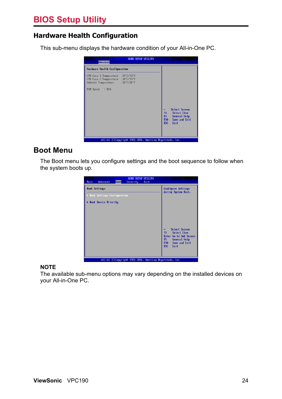 Boot menu, Bios setup utility | VIEWSONIC VPC190 User Manual | Page 33 / 49