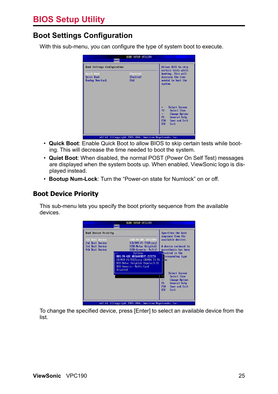 Boot settings configuration, Bios setup utility | VIEWSONIC VPC190 User Manual | Page 34 / 49