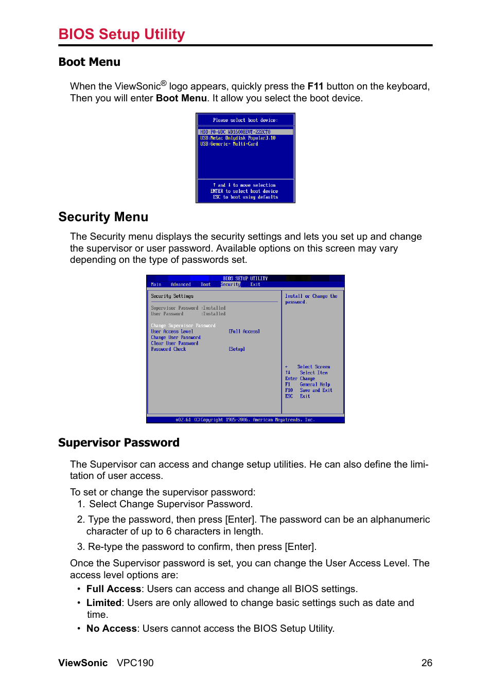 Security menu, Bios setup utility | VIEWSONIC VPC190 User Manual | Page 35 / 49