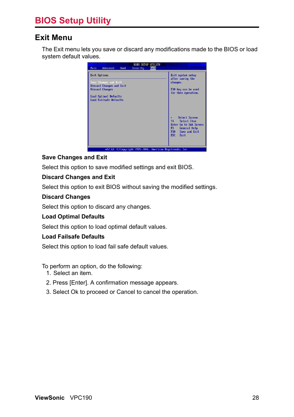 Exit menu, Bios setup utility | VIEWSONIC VPC190 User Manual | Page 37 / 49