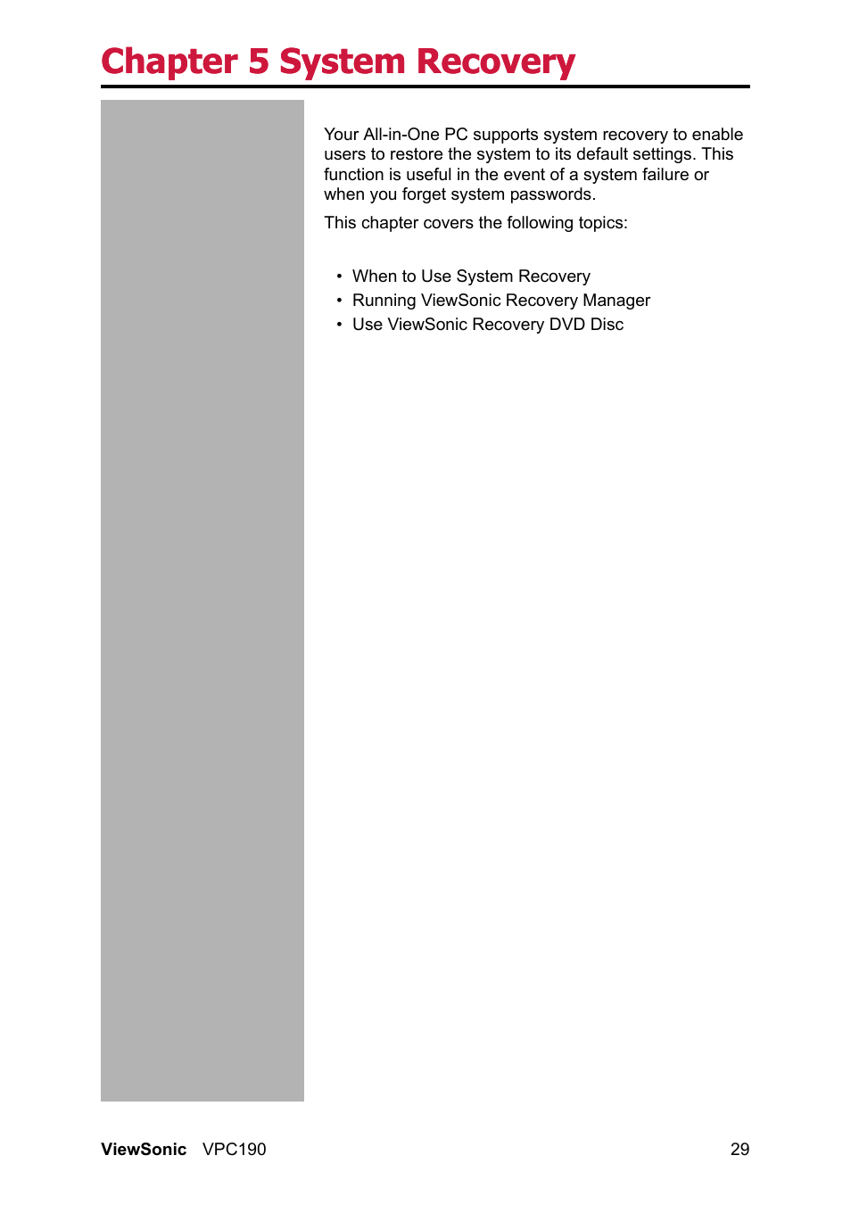 Chapter 5 system recovery | VIEWSONIC VPC190 User Manual | Page 38 / 49