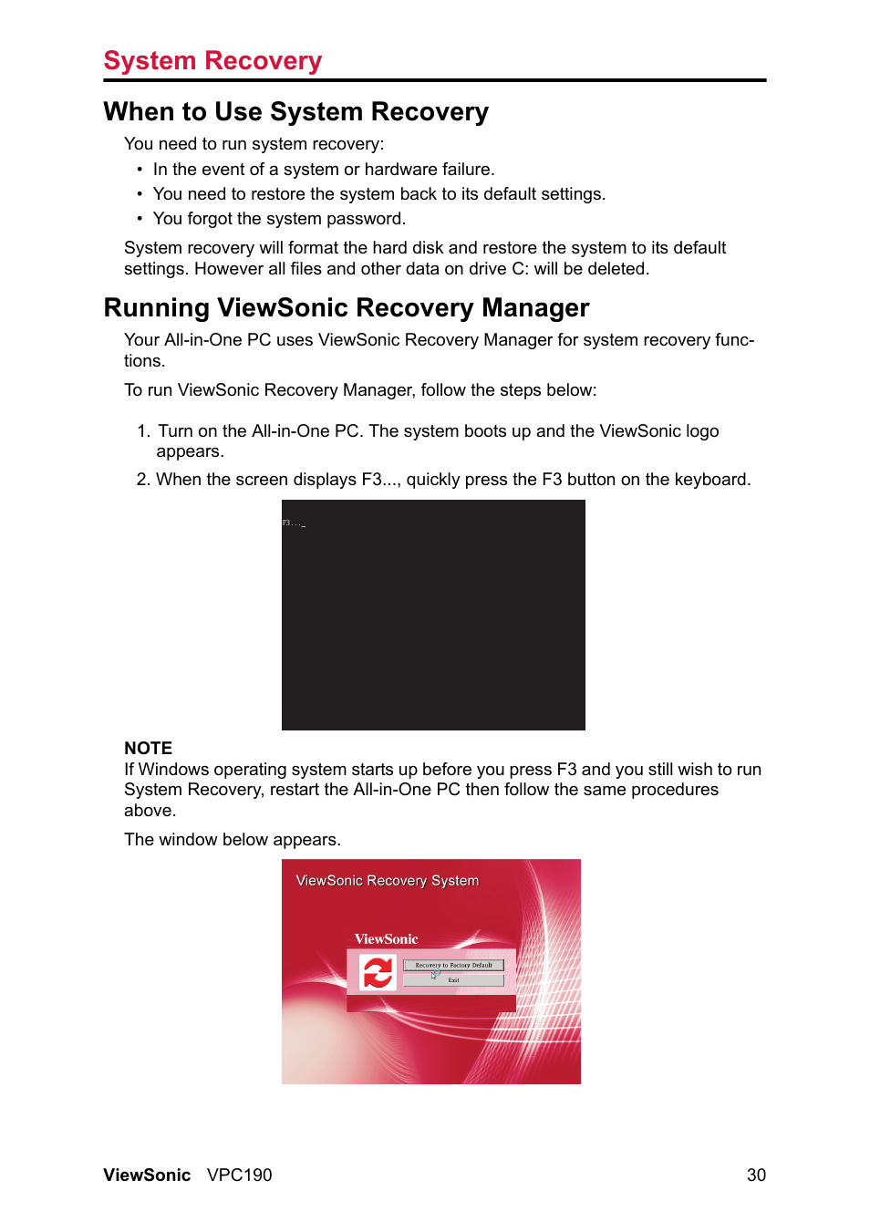 System recovery, When to use system recovery, Running viewsonic recovery manager | VIEWSONIC VPC190 User Manual | Page 39 / 49