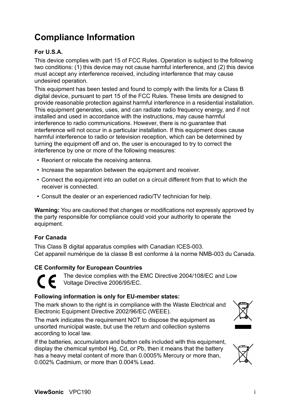 Compliance information | VIEWSONIC VPC190 User Manual | Page 4 / 49