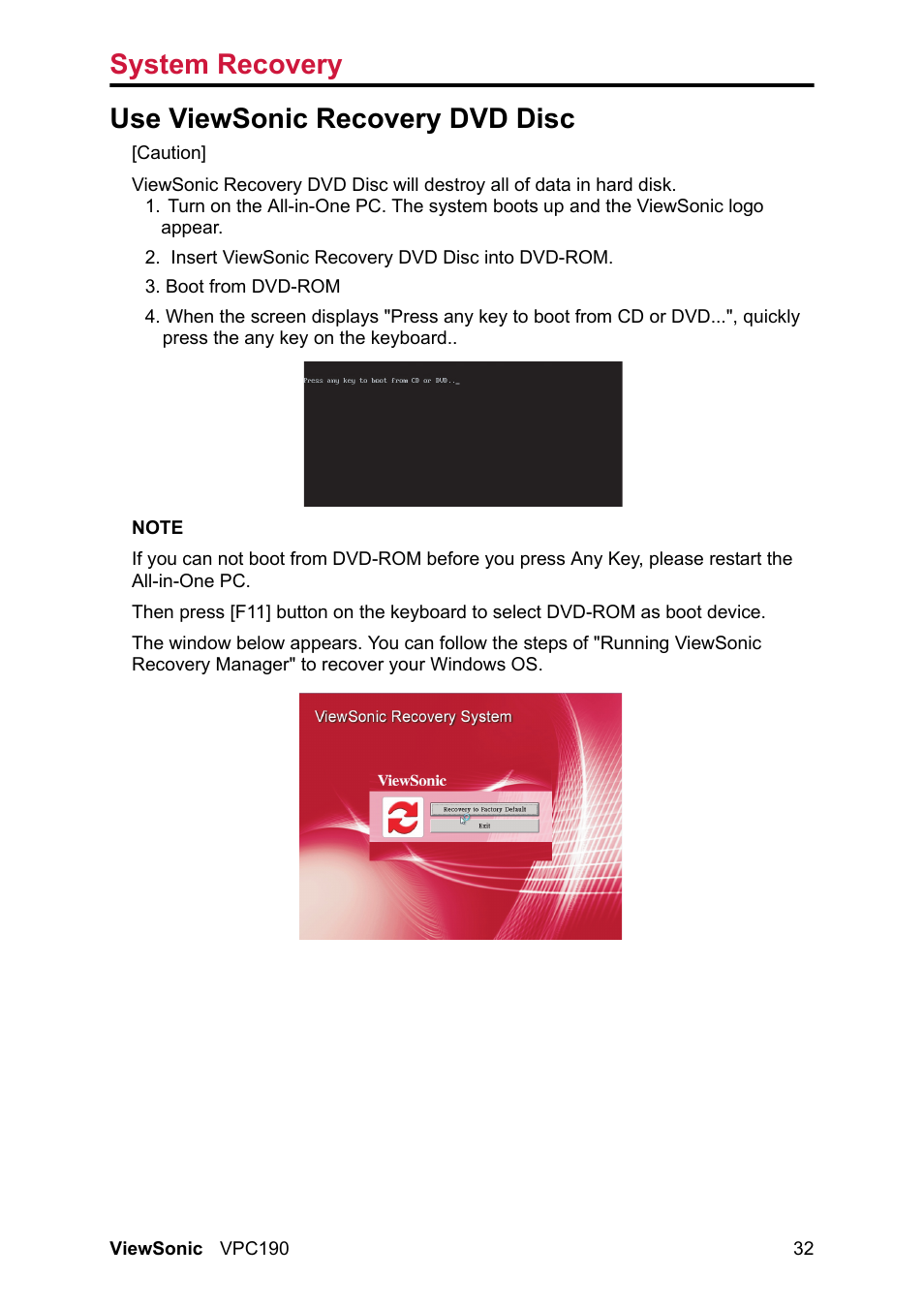 Use viewsonic recovery dvd disc, System recovery | VIEWSONIC VPC190 User Manual | Page 41 / 49