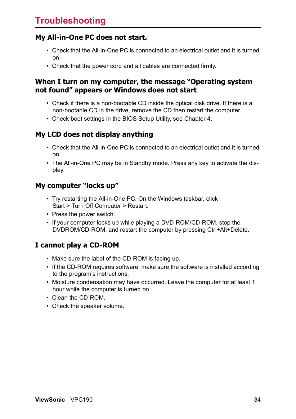 Troubleshooting | VIEWSONIC VPC190 User Manual | Page 43 / 49