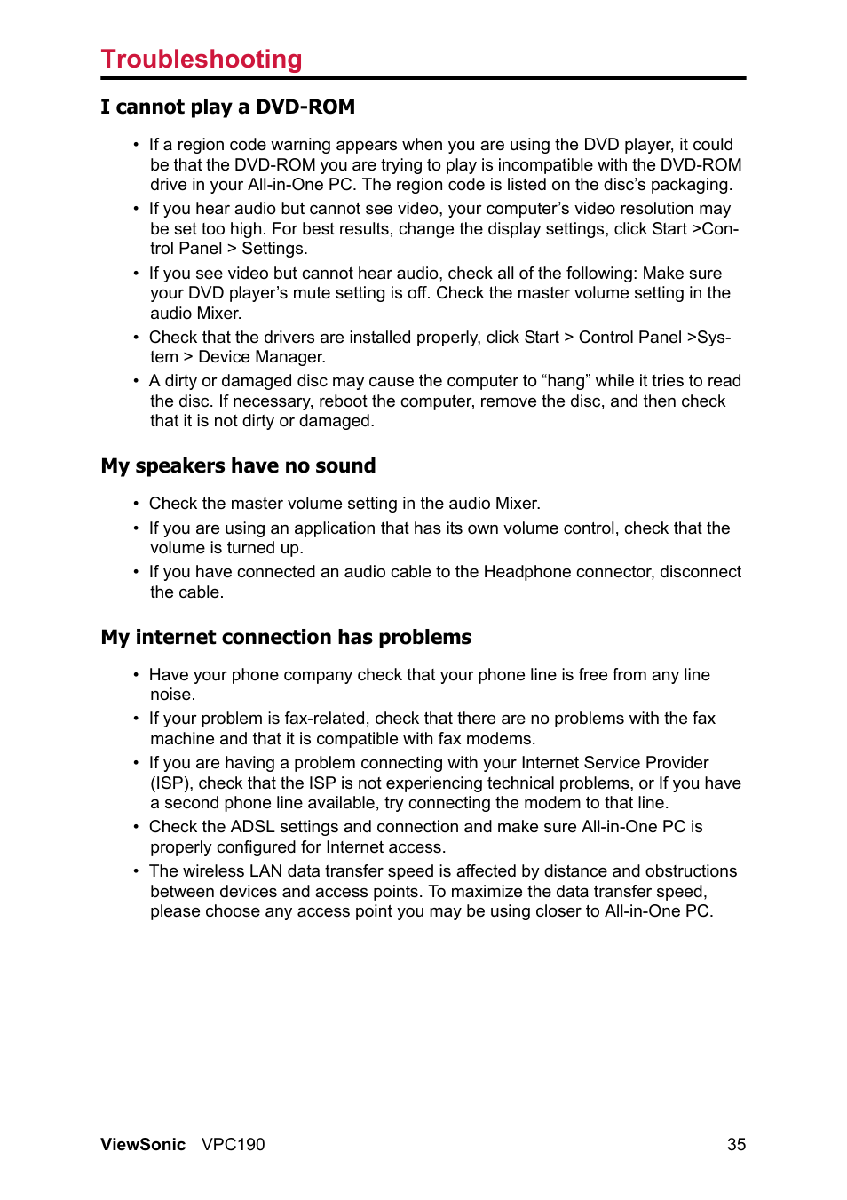 Troubleshooting | VIEWSONIC VPC190 User Manual | Page 44 / 49