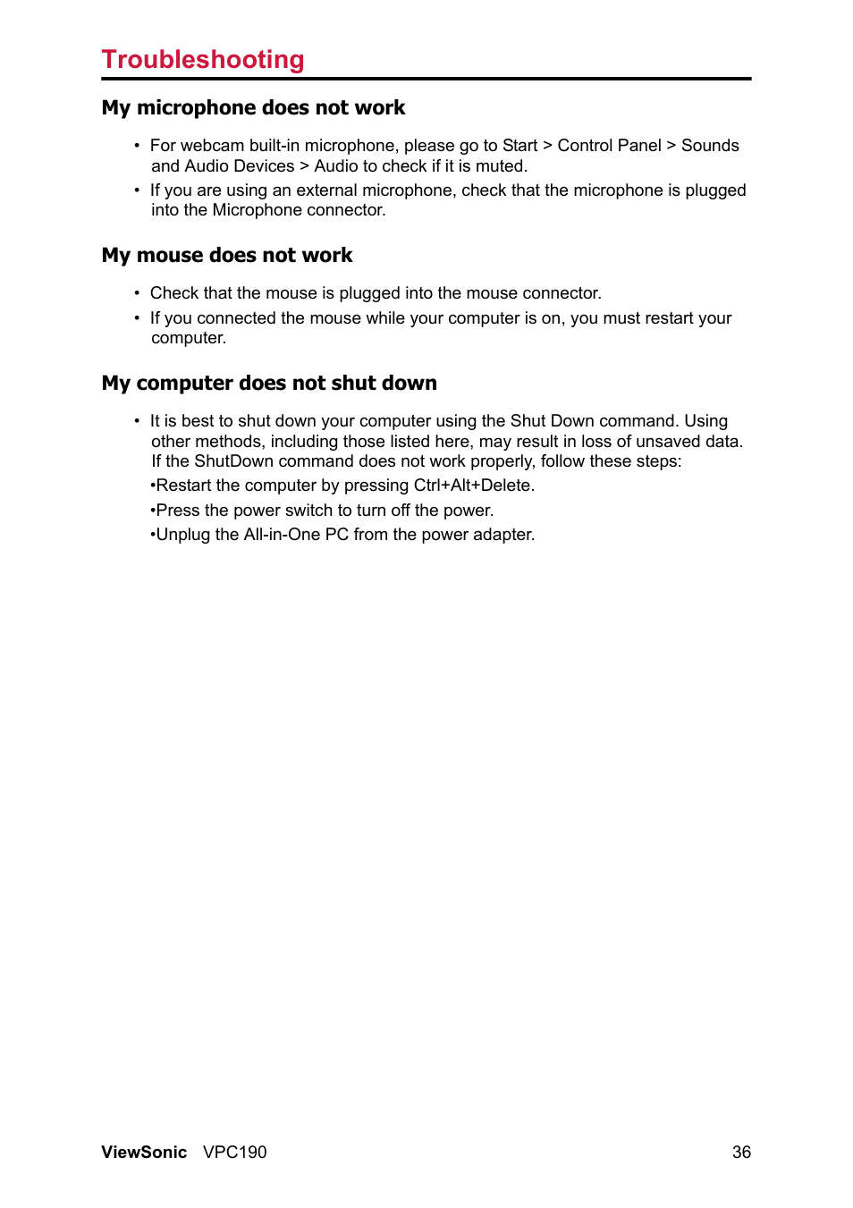Troubleshooting | VIEWSONIC VPC190 User Manual | Page 45 / 49