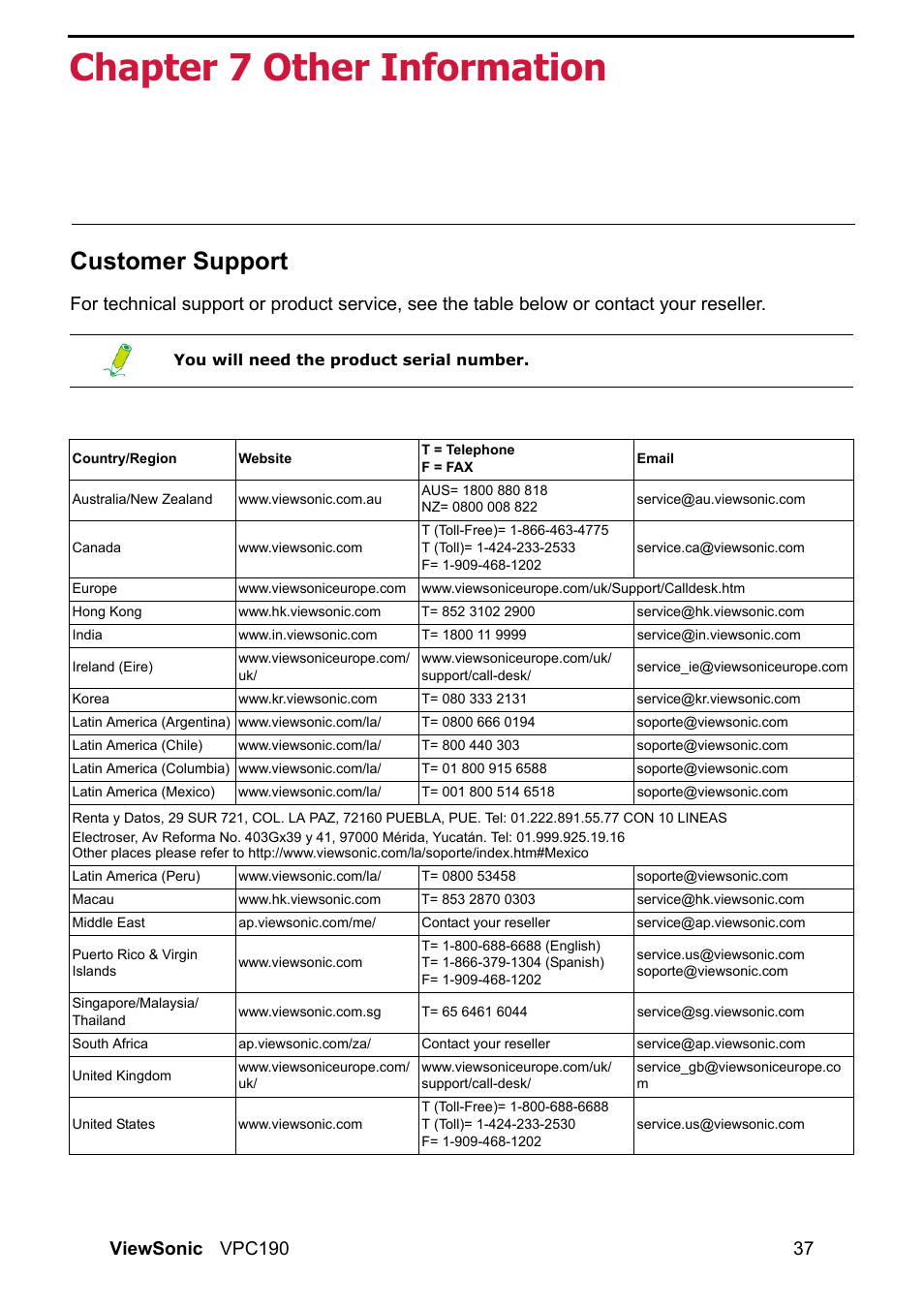 Chapter 7 other information, Customer support | VIEWSONIC VPC190 User Manual | Page 46 / 49