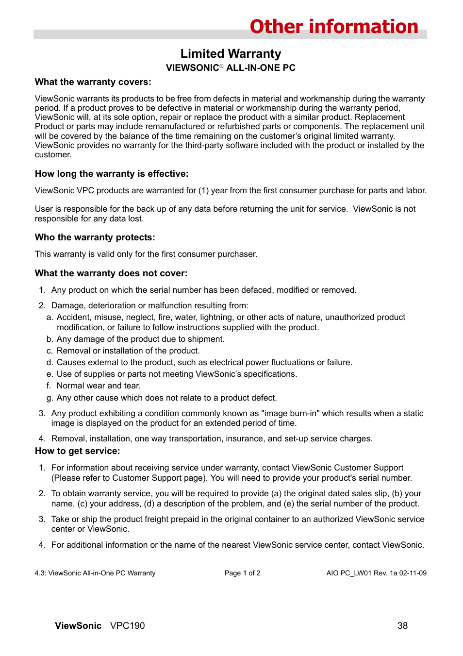 Limited warranty, Other information | VIEWSONIC VPC190 User Manual | Page 47 / 49