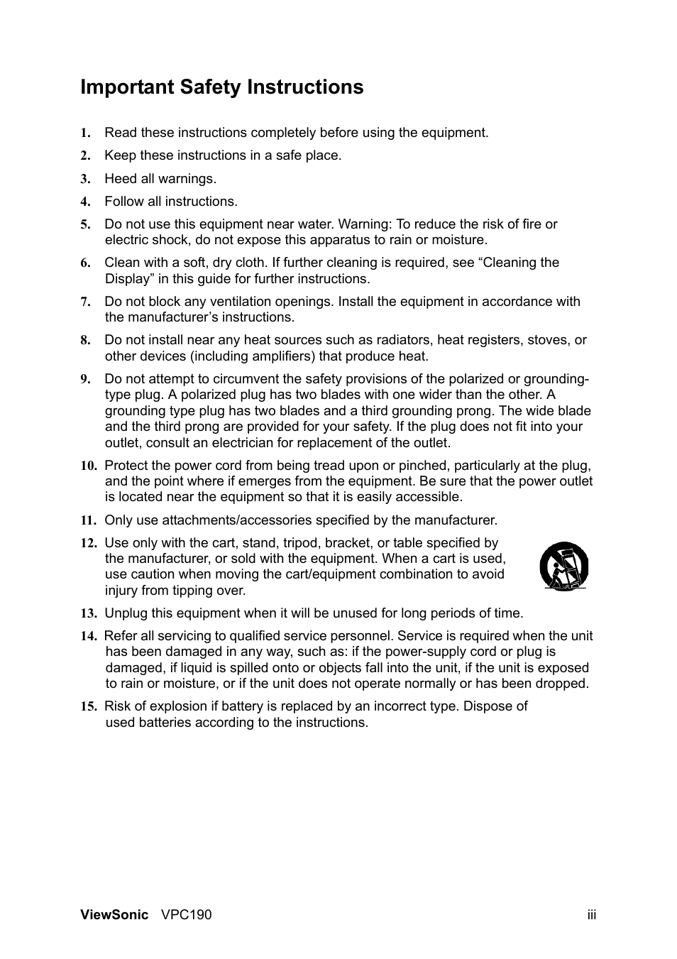 Important safety instructions | VIEWSONIC VPC190 User Manual | Page 6 / 49
