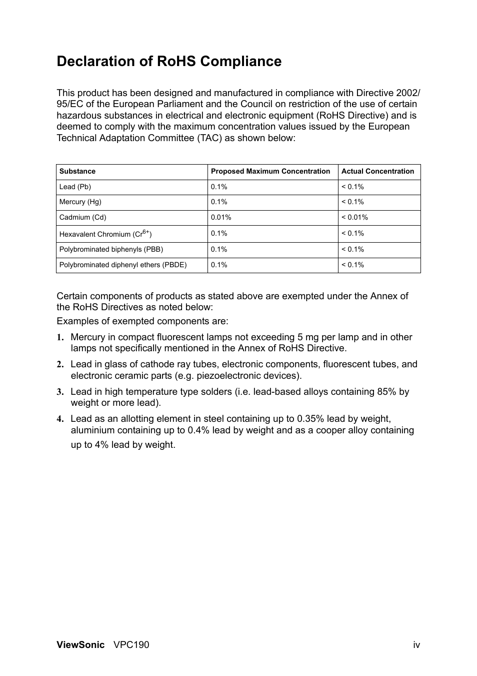 Declaration of rohs compliance | VIEWSONIC VPC190 User Manual | Page 7 / 49