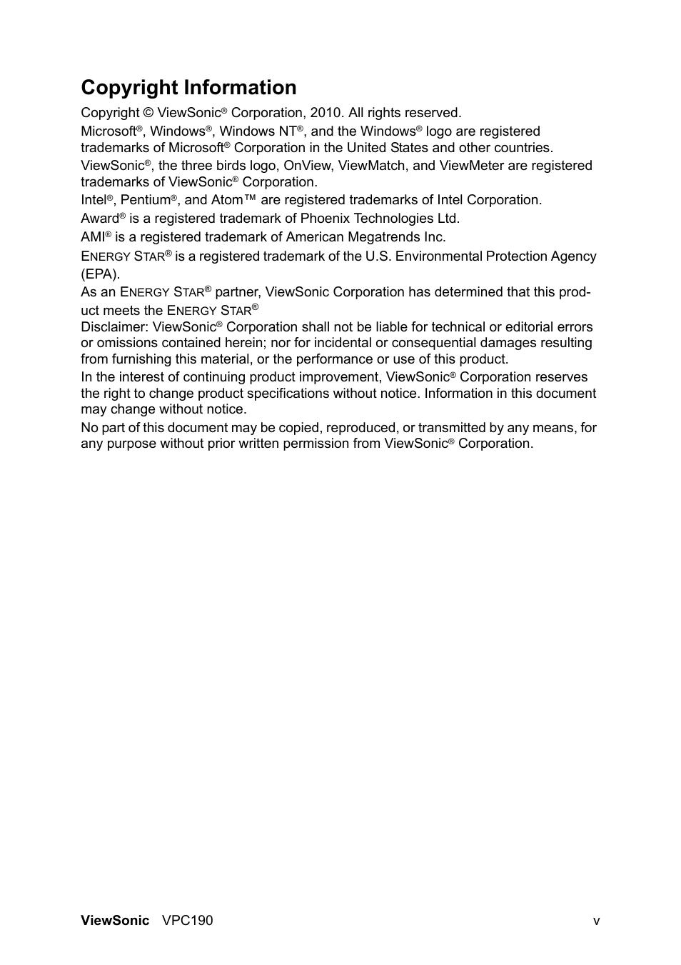 Copyright information | VIEWSONIC VPC190 User Manual | Page 8 / 49