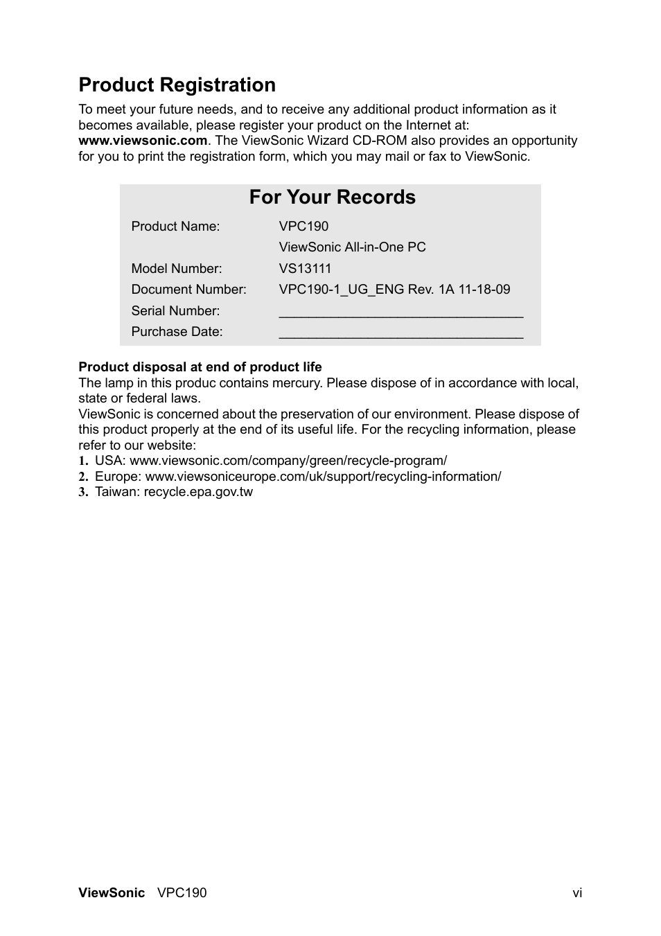 Product registration, For your records | VIEWSONIC VPC190 User Manual | Page 9 / 49