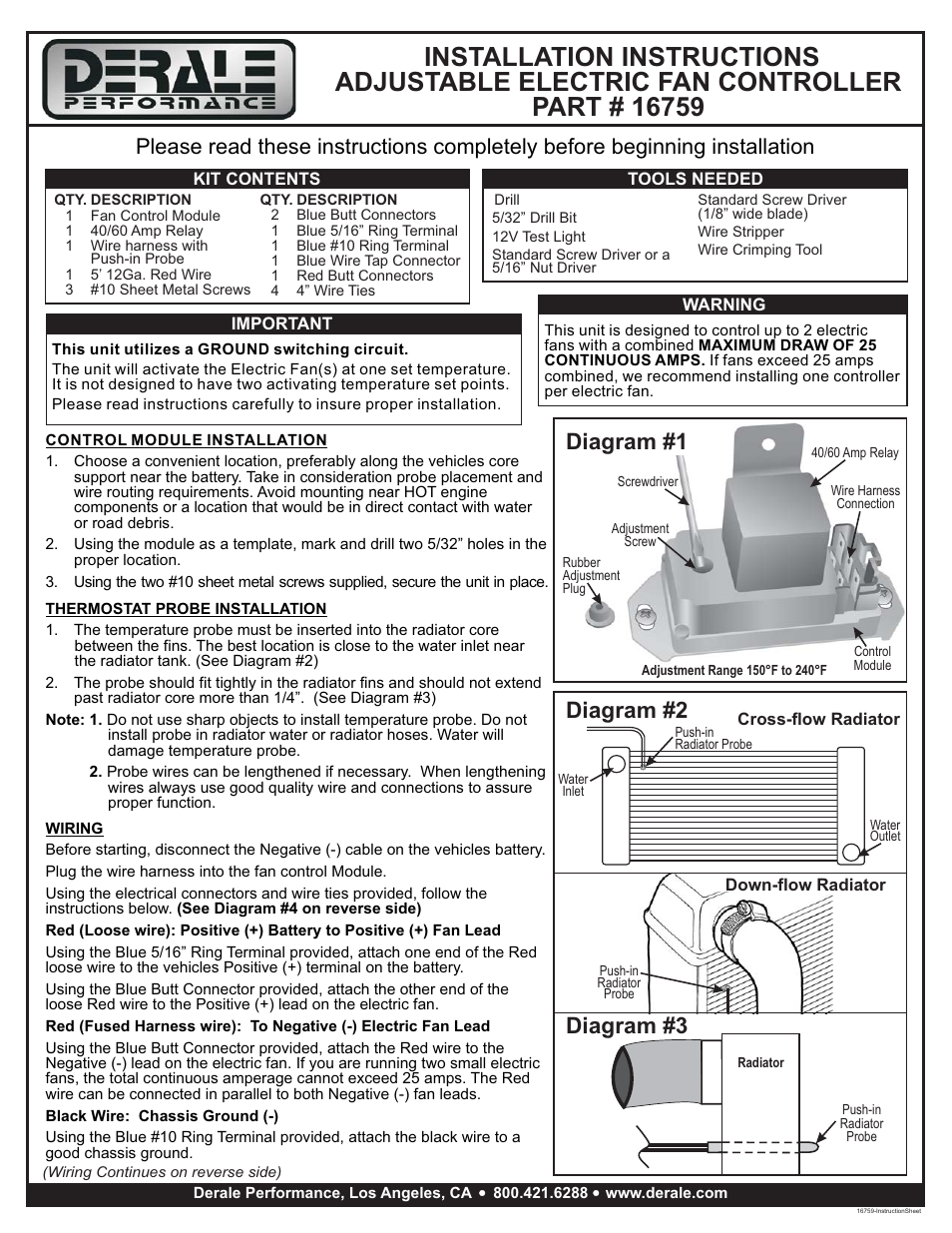 Derale Performance Adjustable Electric Fan Controller, Push In Radiator Probe User Manual | 2 pages