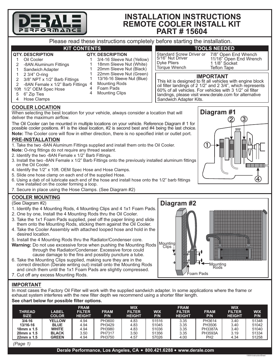 Derale Performance 10 Row Series 10000 Stack Plate Universal Engine Oil Cooler Kit, Low Profile Sandwich Adapter User Manual | 2 pages