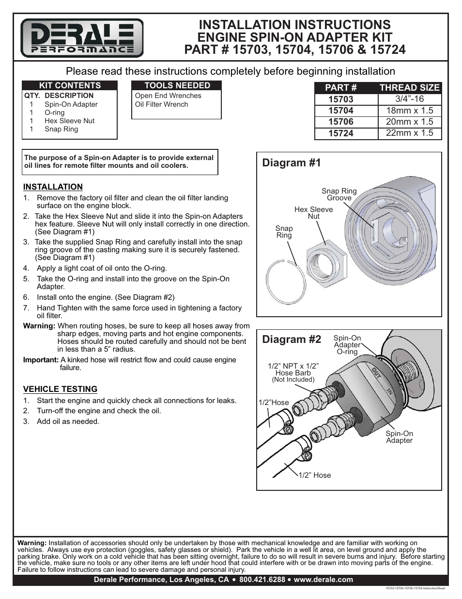 Derale Performance Standard Engine Spin On Adapter with 1_2" NPT Ports, 20x1.5mm Engine Thread User Manual | 1 page