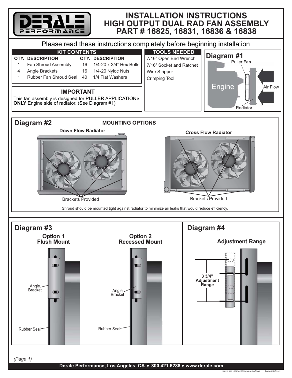 Derale Performance High Output Dual 12" Electric RAD Copper_Aluminum Shroud Kit User Manual | 3 pages