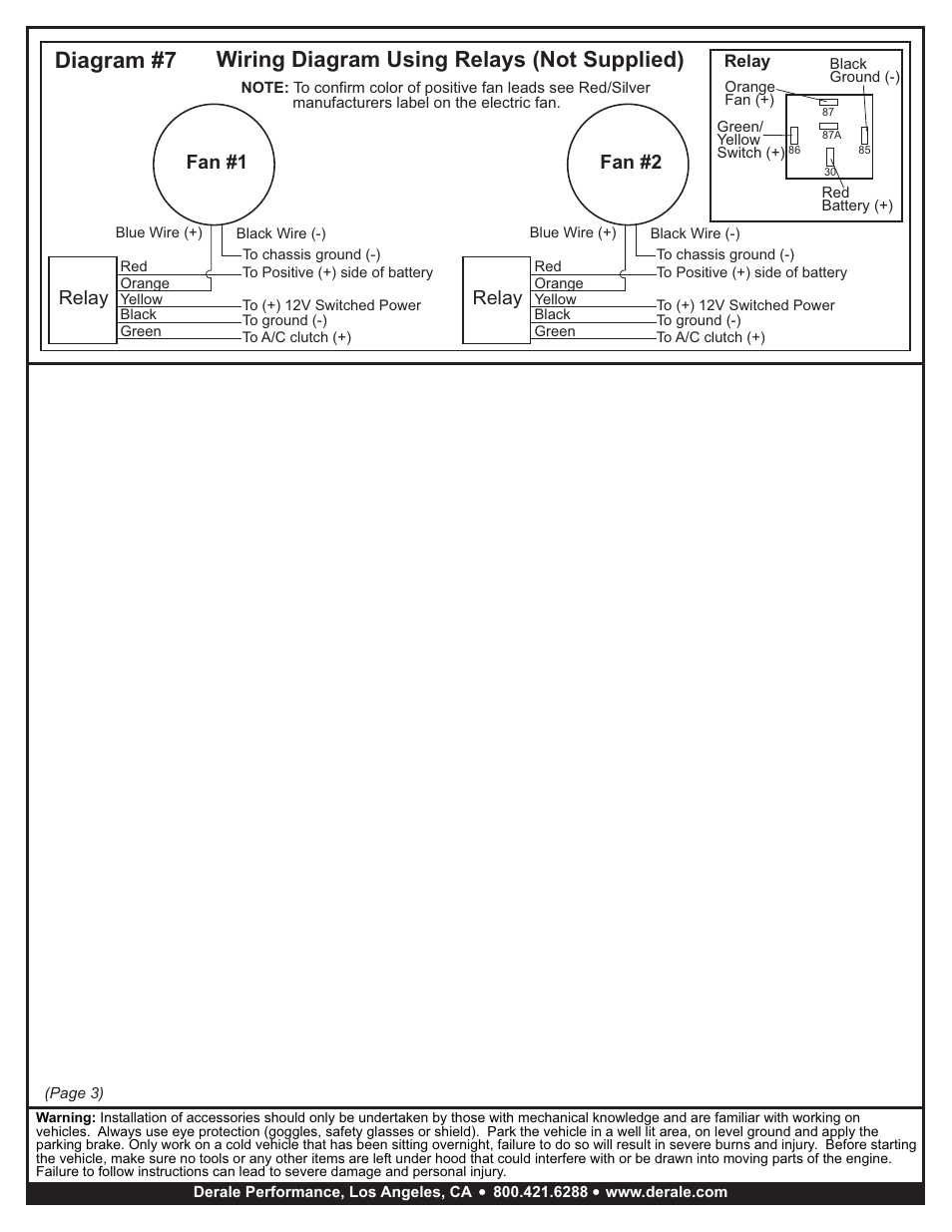 Diagram #7, Wiring diagram using relays (not supplied), Relay | Fan #1 fan #2 | Derale Performance High Output Dual 12" Electric RAD Copper_Aluminum Shroud Kit User Manual | Page 3 / 3