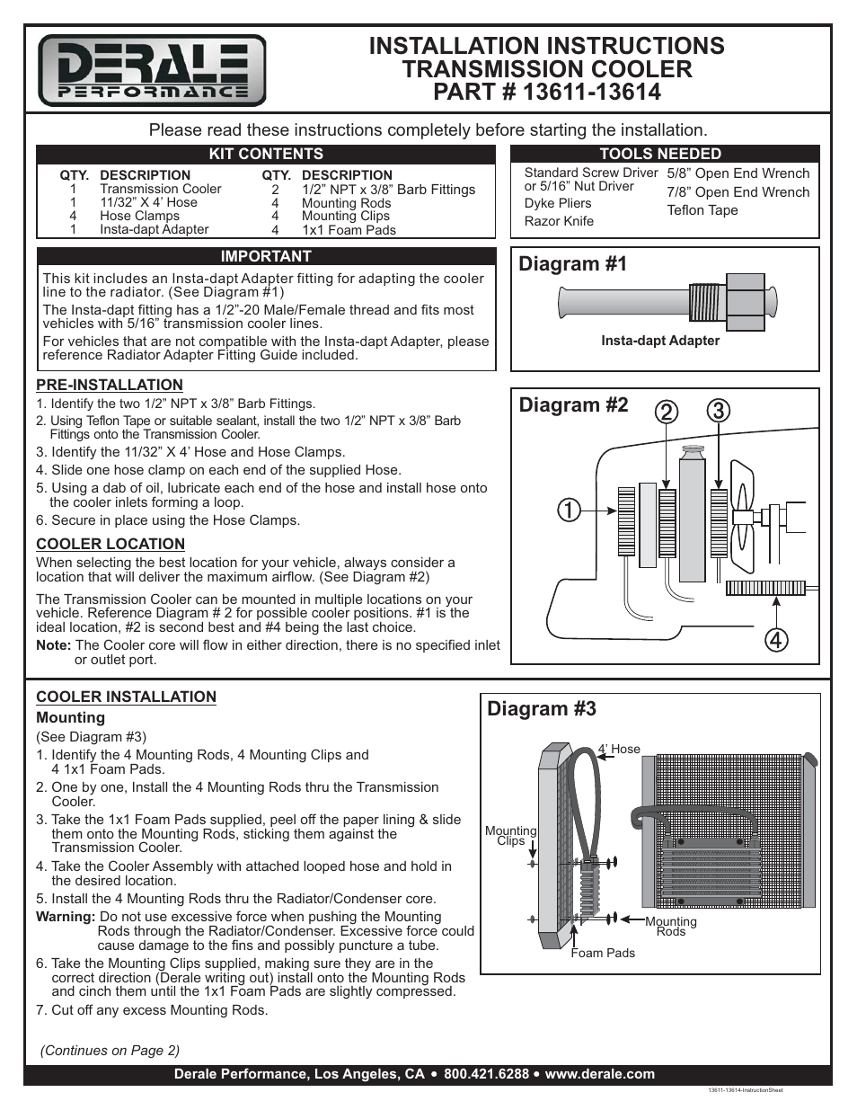 Derale Performance 17 Row Series 9000 Plate & Fin Transmission Cooler Kit User Manual | 3 pages