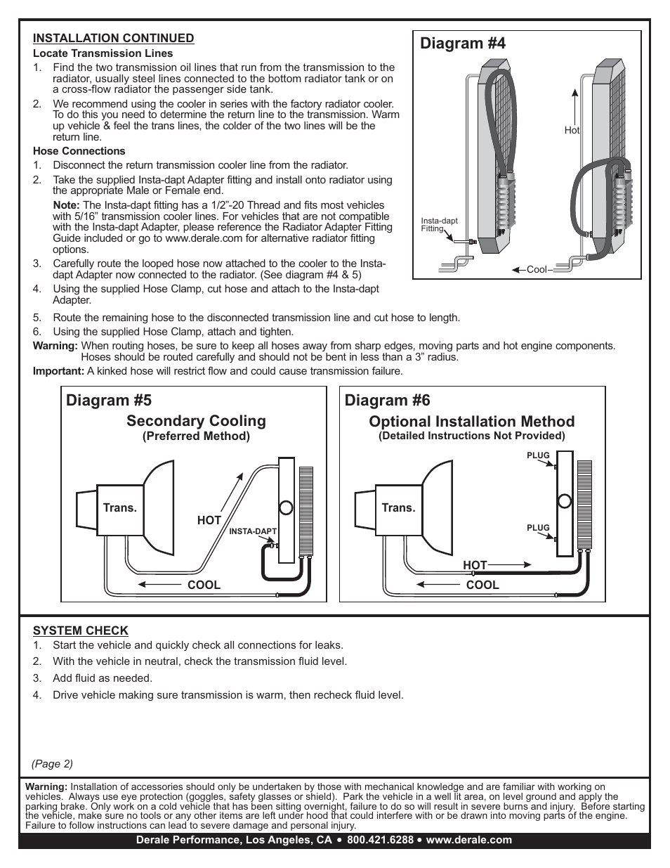 Diagram #5, Diagram #6, Diagram #4 | Secondary cooling, Optional installation method | Derale Performance 17 Row Series 9000 Plate & Fin Transmission Cooler Kit User Manual | Page 2 / 3