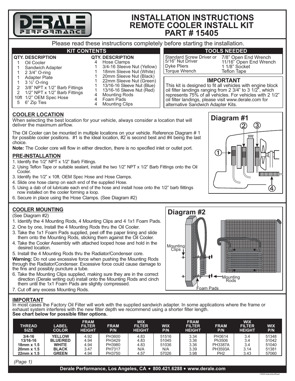 Derale Performance 13 Row Plate & Fin Engine Oil Cooler Kit with Sandwich Adapter User Manual | 2 pages