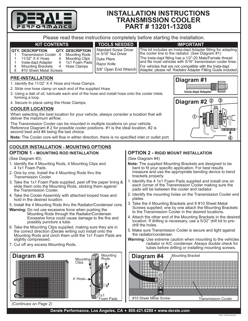 Derale Performance 8 Pass 13" Series 7000 Copper_Aluminum Transmission Cooler Kit User Manual | 3 pages