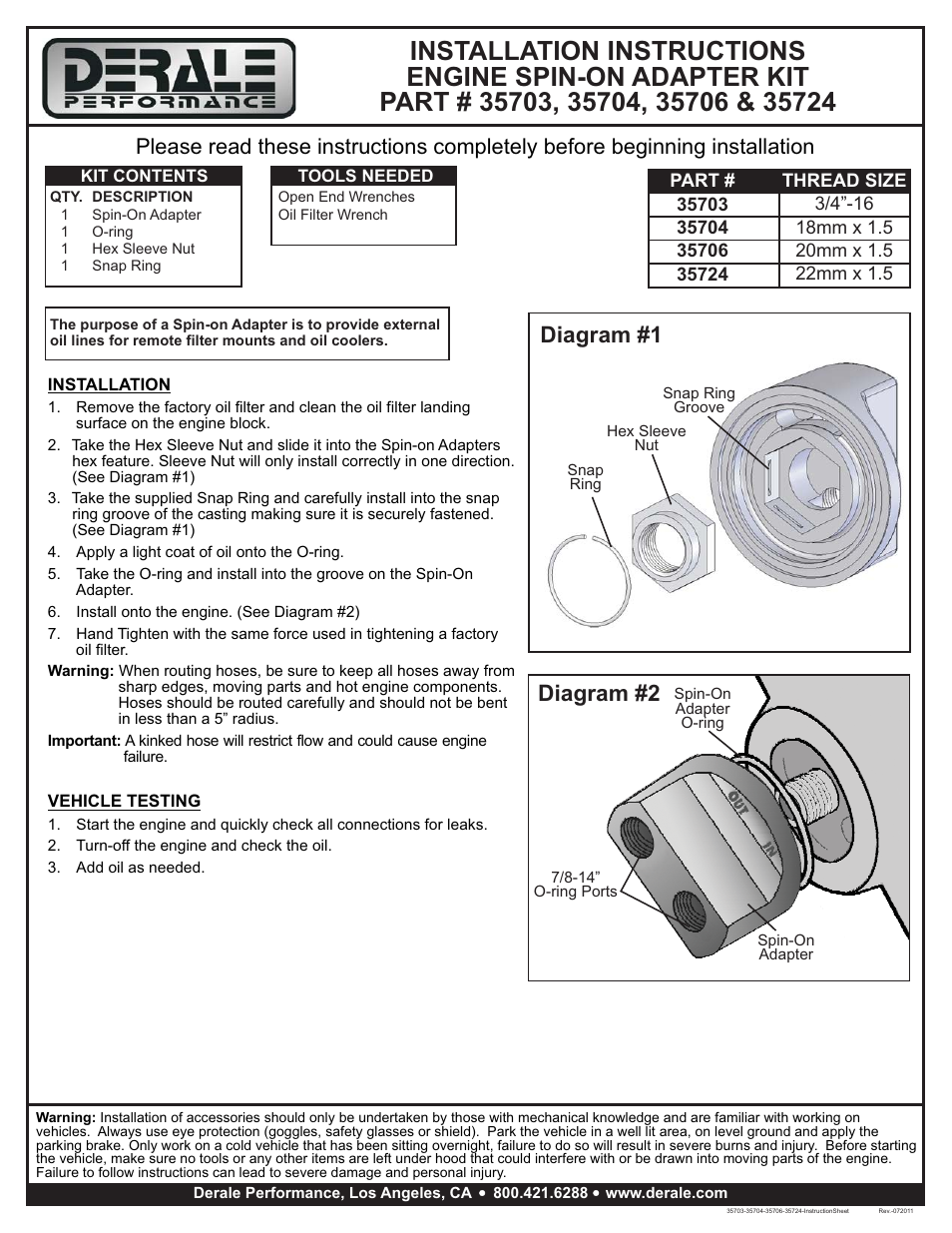 Derale Performance Premium Engine Spin On Adapter with -10AN O-ring Ports, 20x1.5mm Engine Thread User Manual | 1 page