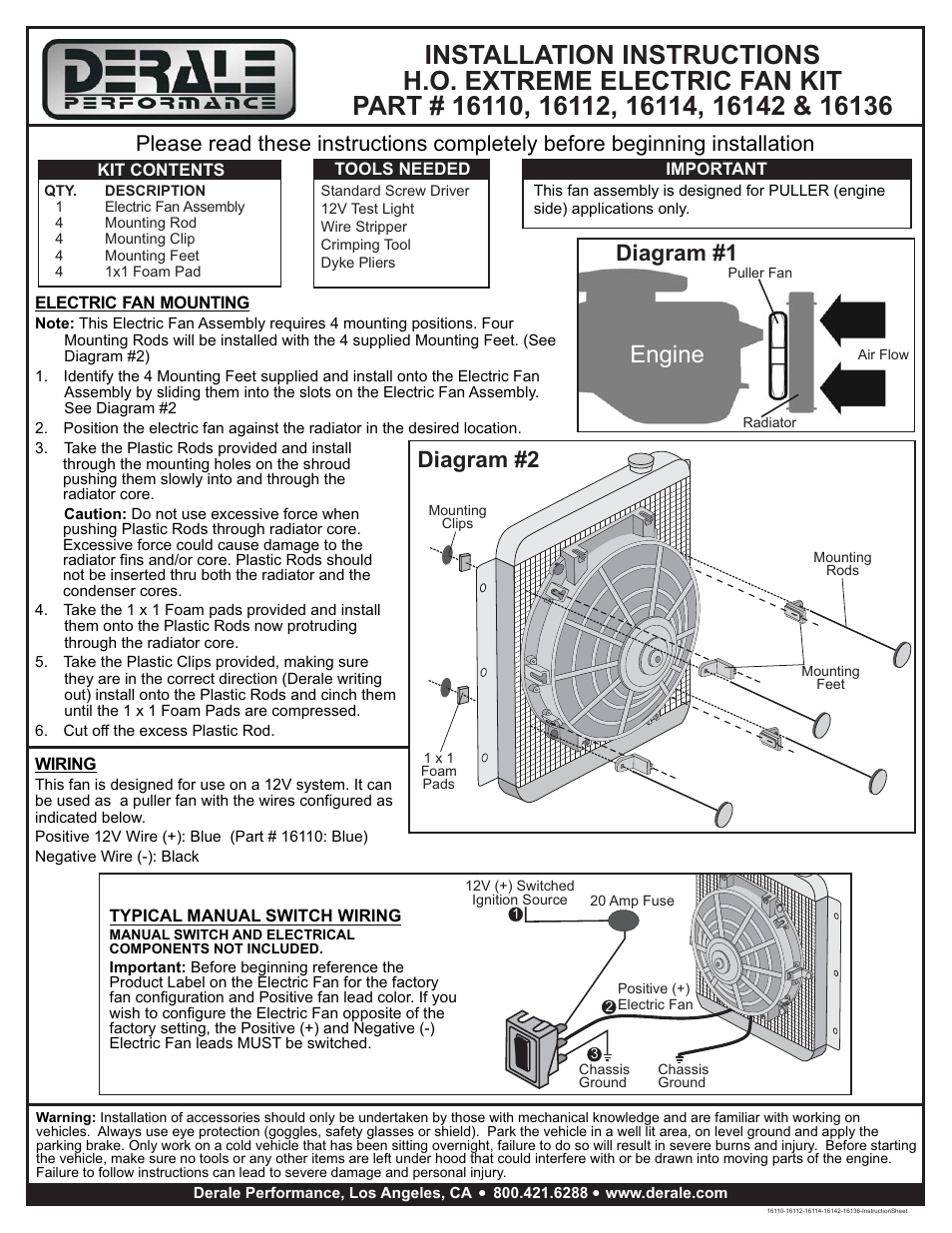 Derale Performance 13" High Output Paddle Blade Electric Puller Fan User Manual | 1 page