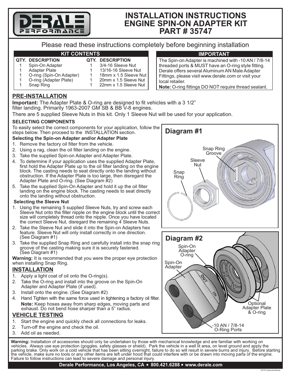 Derale Performance Premium Universal Engine Spin On Adapter with -10AN O-ring Ports User Manual | 1 page